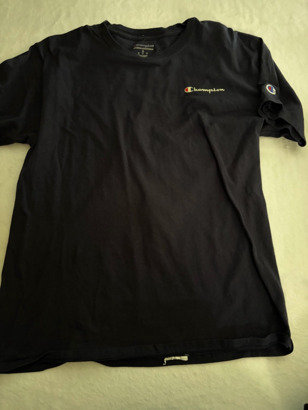 Champion Black Short Sleeve Logo Tee with Small Chest Script
